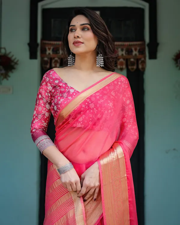 Ravishing_Rani_Pink_Plain_Chiffon_Saree_with_Gold_Zari_Border,_Floral_Printed_Blouse_&_Tassel_Accents