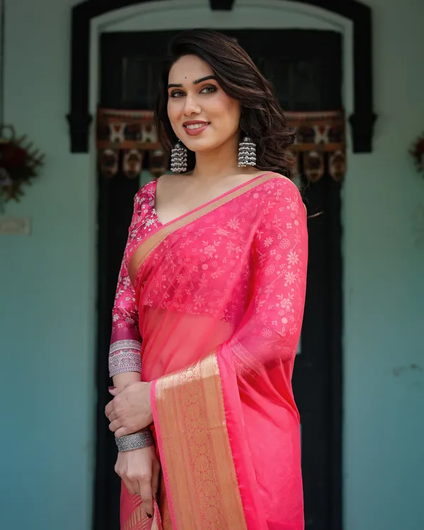 Ravishing_Rani_Pink_Plain_Chiffon_Saree_with_Gold_Zari_Border,_Floral_Printed_Blouse_&_Tassel_Accents