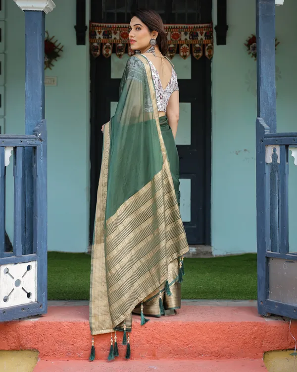 Elegant_Bottle_Green_Plain_Chiffon_Saree_with_Gold_Zari_Border,_Floral_Printed_Blouse_&_Tassel_Finishing