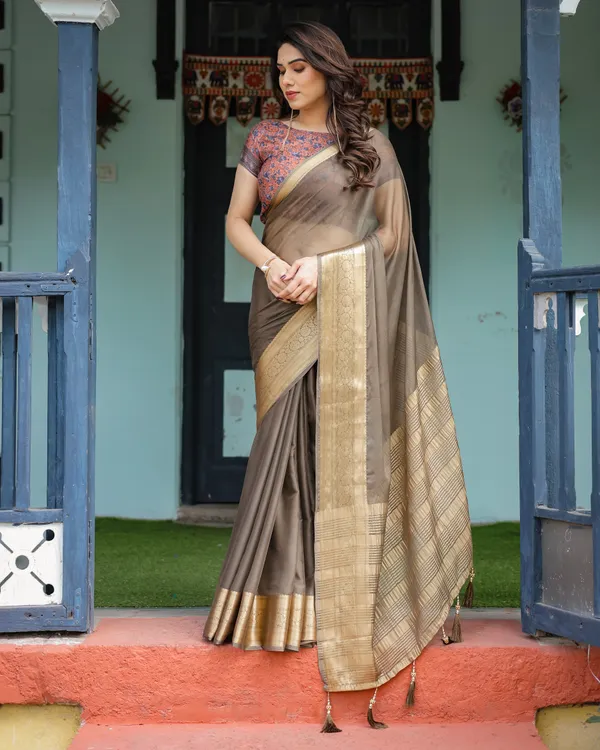 Elegant_Olive_Brown_Plain_Chiffon_Saree_with_Gold_Zari_Border,_Paisley_Printed_Blouse_&_Tassel_Detailing