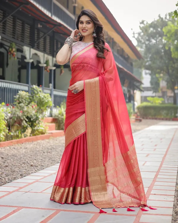 Radiant_Rose_Red_Plain_Chiffon_Saree_with_Gold_Zari_Border,_Intricate_Printed_Blouse_&_Tassel_Accents