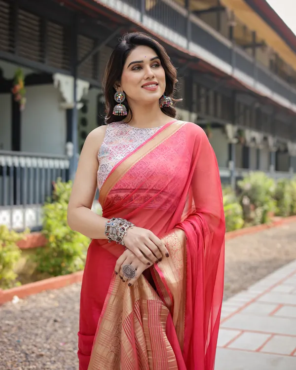 Radiant_Rose_Red_Plain_Chiffon_Saree_with_Gold_Zari_Border,_Intricate_Printed_Blouse_&_Tassel_Accents