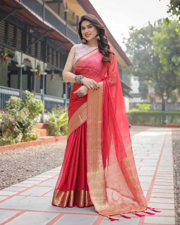 Radiant_Rose_Red_Plain_Chiffon_Saree_with_Gold_Zari_Border,_Intricate_Printed_Blouse_&_Tassel_Accents
