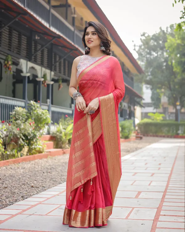 Radiant_Rose_Red_Plain_Chiffon_Saree_with_Gold_Zari_Border,_Intricate_Printed_Blouse_&_Tassel_Accents