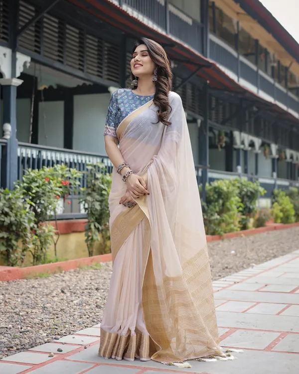 Ivory_White_Plain_Chiffon_Saree_with_Gold_Zari_Border,_Floral_Printed_Blouse_&_Tassel_Detailing