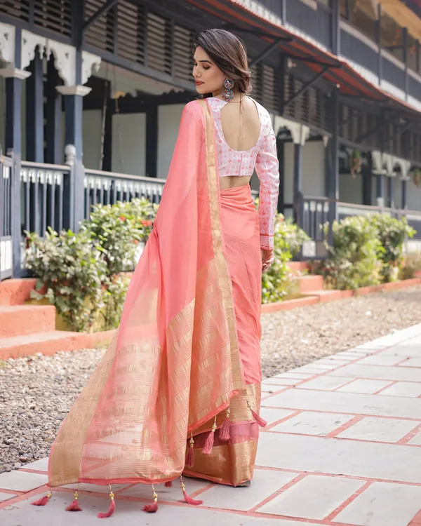 Peach_Pink_Plain_Chiffon_Saree_with_Gold_Zari_Border,_Geometric_Printed_Blouse_&_Tassel_Detailing