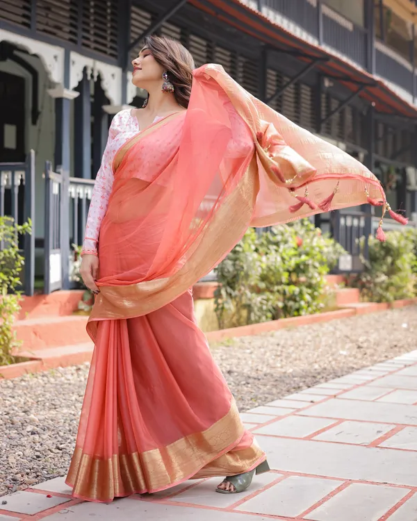 Peach_Pink_Plain_Chiffon_Saree_with_Gold_Zari_Border,_Geometric_Printed_Blouse_&_Tassel_Detailing