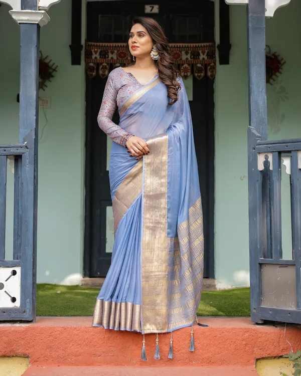 Sky_Blue_Plain_Chiffon_Saree_with_Gold_Zari_Border,_Geometric_Printed_Blouse_&_Tassel_Detailing