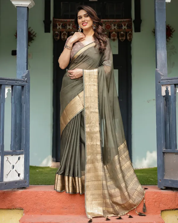 Elegant_Olive_Green_Plain_Chiffon_Saree_with_Gold_Zari_Border,_Floral_Printed_Blouse_&_Tassel_Detailing
