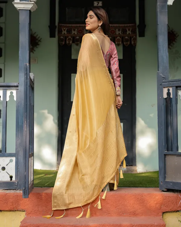 Radiant_Mustard_Yellow_Plain_Chiffon_Saree_with_Gold_Zari_Border,_Printed_Designer_Blouse_&_Tassel_Detailing
