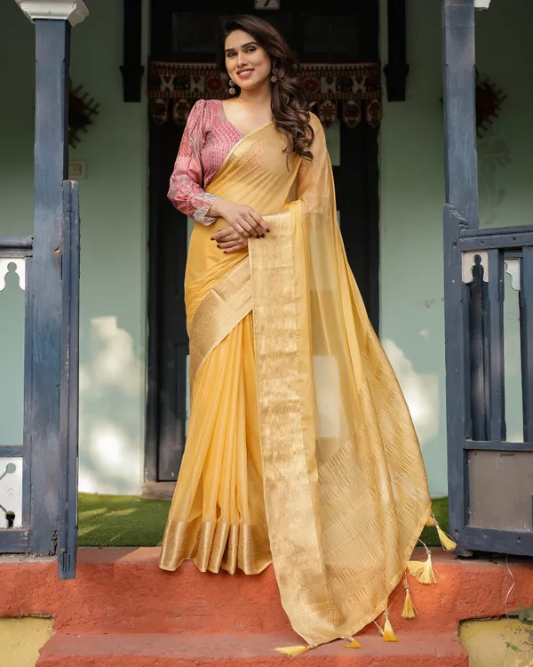 Radiant_Mustard_Yellow_Plain_Chiffon_Saree_with_Gold_Zari_Border,_Printed_Designer_Blouse_&_Tassel_Detailing