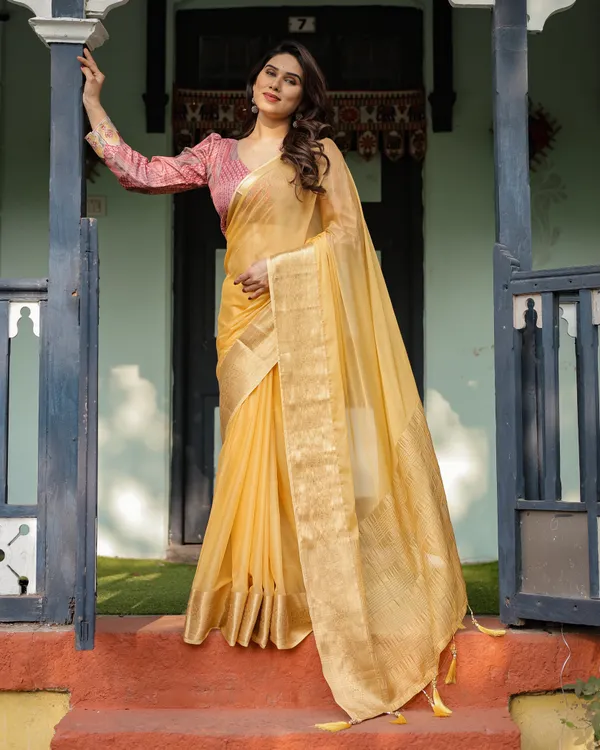 Radiant_Mustard_Yellow_Plain_Chiffon_Saree_with_Gold_Zari_Border,_Printed_Designer_Blouse_&_Tassel_Detailing