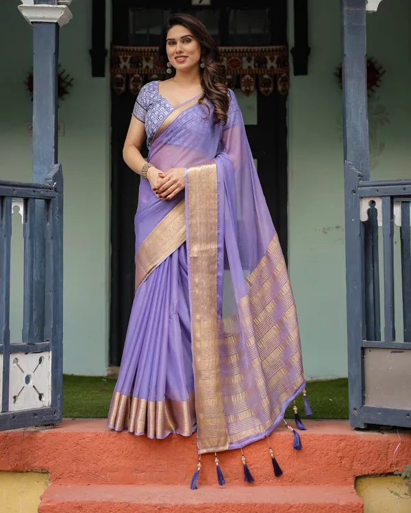Lavender_Plain_Chiffon_Saree_with_Gold_Zari_Border,_Geometric_Printed_Blouse_&_Tassel_Detailing