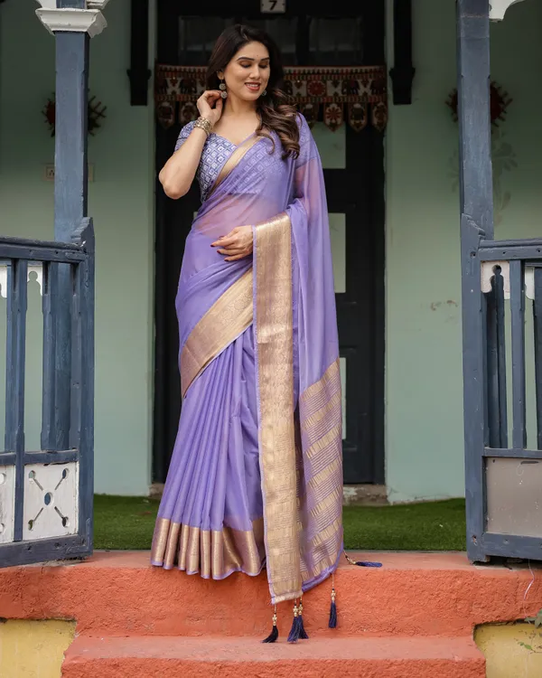 Lavender_Plain_Chiffon_Saree_with_Gold_Zari_Border,_Geometric_Printed_Blouse_&_Tassel_Detailing