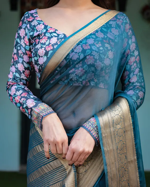 Teal_Blue_Plain_Chiffon_Saree_with_Gold_Zari_Border,_Floral_Printed_Blouse_&_Tassel_Detailing