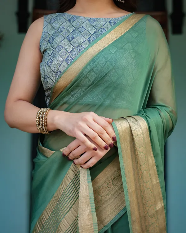 Mint_Green_Plain_Chiffon_Saree_with_Gold_Zari_Border,_Geometric_Printed_Blouse_&_Tassel_Detailing