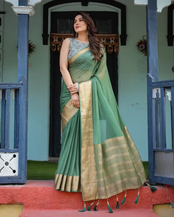 Mint_Green_Plain_Chiffon_Saree_with_Gold_Zari_Border,_Geometric_Printed_Blouse_&_Tassel_Detailing