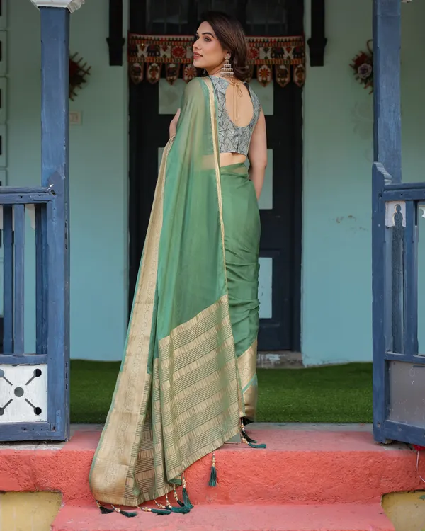 Mint_Green_Plain_Chiffon_Saree_with_Gold_Zari_Border,_Geometric_Printed_Blouse_&_Tassel_Detailing