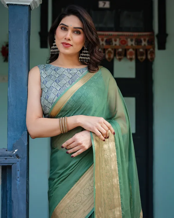 Mint_Green_Plain_Chiffon_Saree_with_Gold_Zari_Border,_Geometric_Printed_Blouse_&_Tassel_Detailing