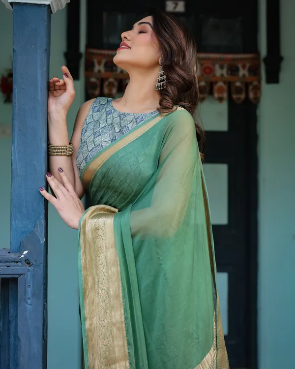 Mint_Green_Plain_Chiffon_Saree_with_Gold_Zari_Border,_Geometric_Printed_Blouse_&_Tassel_Detailing