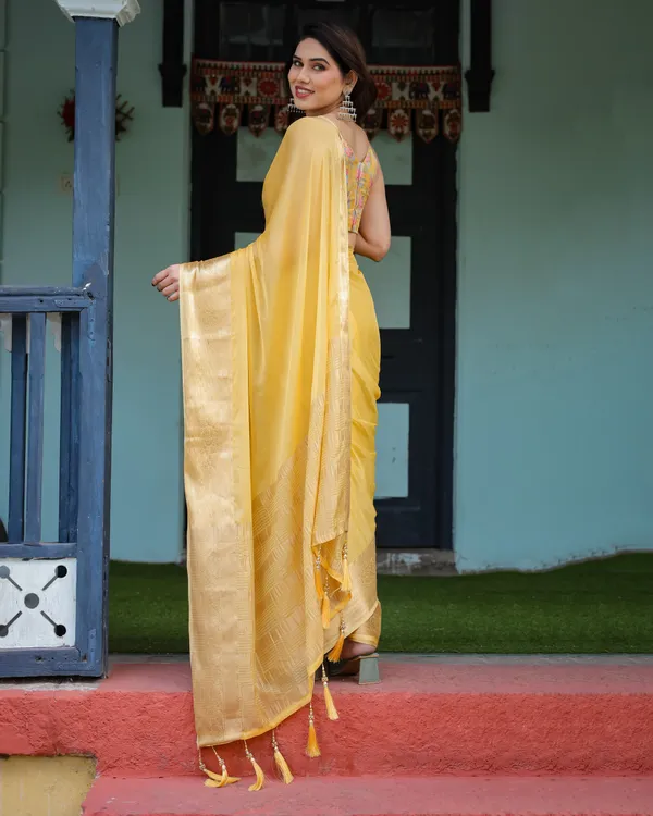 Golden_Yellow_Plain_Chiffon_Saree_with_Gold_Zari_Border,_Floral_Printed_Blouse_&_Tassel_Detailing