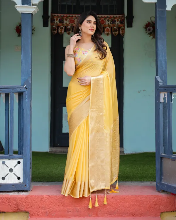 Golden_Yellow_Plain_Chiffon_Saree_with_Gold_Zari_Border,_Floral_Printed_Blouse_&_Tassel_Detailing