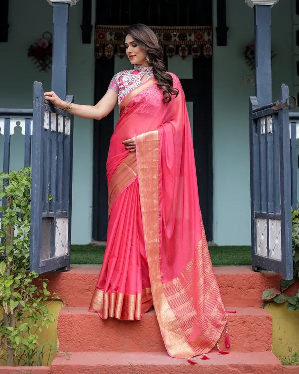 Raspberry_Pink_Plain_Chiffon_Saree_with_Gold_Zari_Border,_High-Neck_Floral_Printed_Blouse_&_Tassel_Detailing