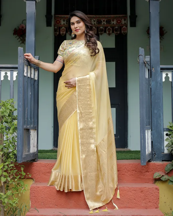 Sunshine_Yellow_Plain_Chiffon_Saree_with_Gold_Zari_Border_and_Floral_Puff_Sleeve_Blouse