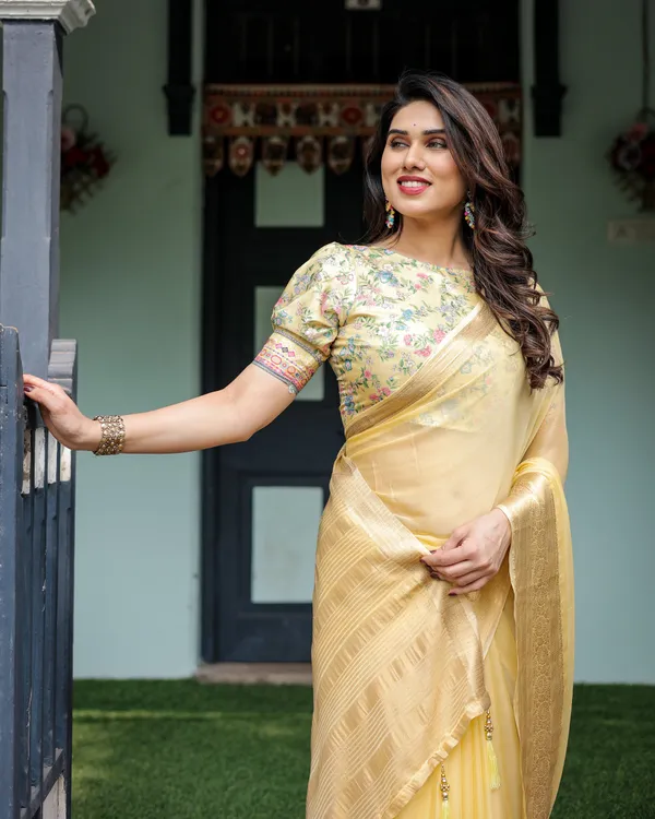 Sunshine_Yellow_Plain_Chiffon_Saree_with_Gold_Zari_Border_and_Floral_Puff_Sleeve_Blouse