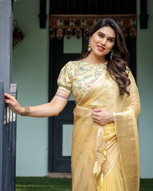 Sunshine_Yellow_Plain_Chiffon_Saree_with_Gold_Zari_Border_and_Floral_Puff_Sleeve_Blouse