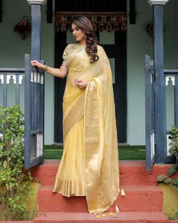 Sunshine_Yellow_Plain_Chiffon_Saree_with_Gold_Zari_Border_and_Floral_Puff_Sleeve_Blouse