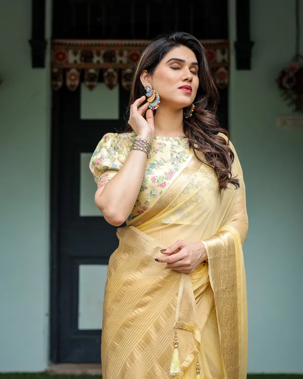 Sunshine_Yellow_Plain_Chiffon_Saree_with_Gold_Zari_Border_and_Floral_Puff_Sleeve_Blouse