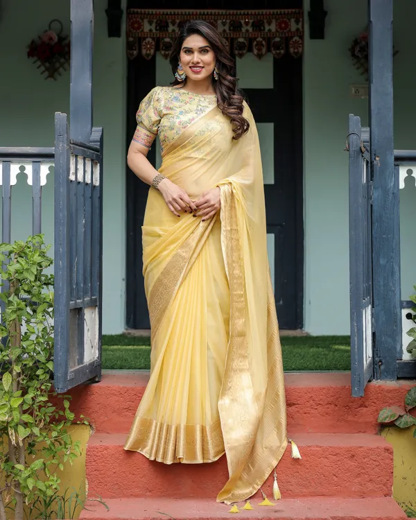 Sunshine_Yellow_Plain_Chiffon_Saree_with_Gold_Zari_Border_and_Floral_Puff_Sleeve_Blouse