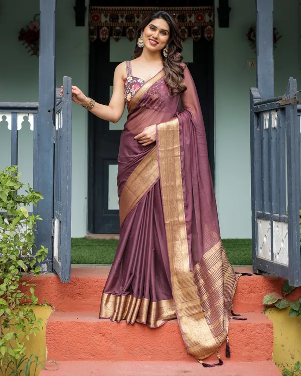 Plum_Sheer_Chiffon_Saree_with_Golden_Zari_Border_and_Floral_Designer_Blouse