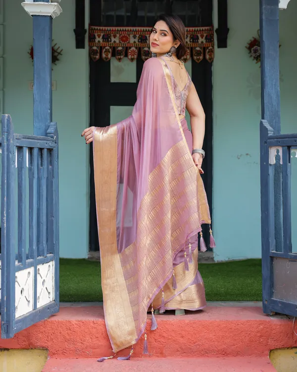 Lavender_Plain_Chiffon_Saree_with_Gold_Zari_Border,_Printed_Blouse_&_Tassel_Details