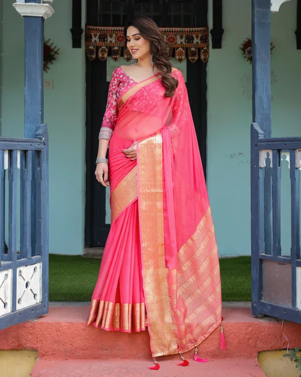 Ravishing_Rani_Pink_Plain_Chiffon_Saree_with_Gold_Zari_Border,_Floral_Printed_Blouse_&_Tassel_Accents