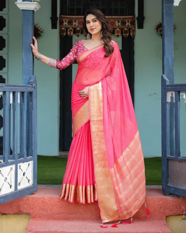 Ravishing_Rani_Pink_Plain_Chiffon_Saree_with_Gold_Zari_Border,_Floral_Printed_Blouse_&_Tassel_Accents