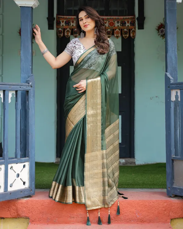 Elegant_Bottle_Green_Plain_Chiffon_Saree_with_Gold_Zari_Border,_Floral_Printed_Blouse_&_Tassel_Finishing