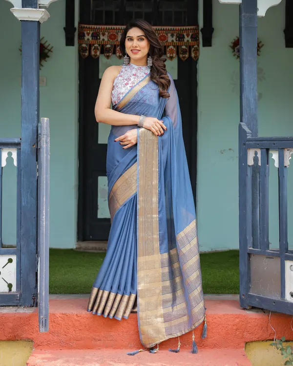 Serene_Steel_Blue_Plain_Chiffon_Saree_with_Gold_Zari_Border,_Floral_Printed_Blouse_&_Tassel_Detailing