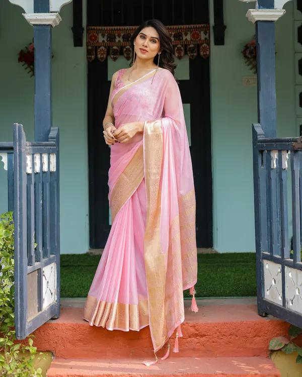 Blush_Pink_Plain_Chiffon_Saree_with_Gold_Zari_Border,_Floral_Printed_Blouse_&_Tassel_Finishing