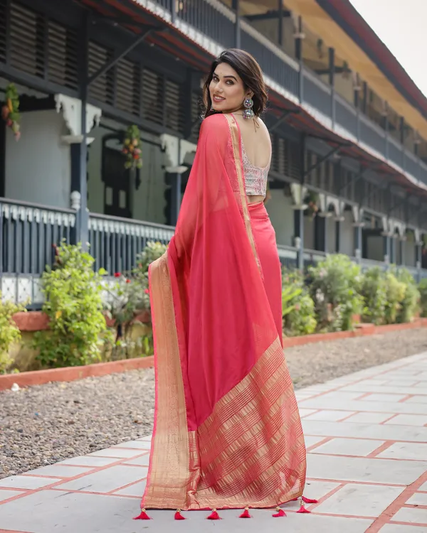 Radiant_Rose_Red_Plain_Chiffon_Saree_with_Gold_Zari_Border,_Intricate_Printed_Blouse_&_Tassel_Accents