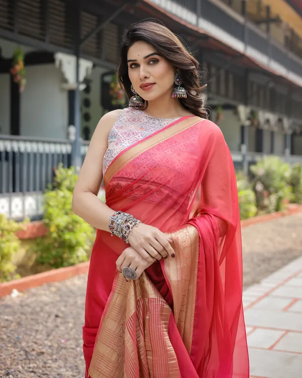 Radiant_Rose_Red_Plain_Chiffon_Saree_with_Gold_Zari_Border,_Intricate_Printed_Blouse_&_Tassel_Accents