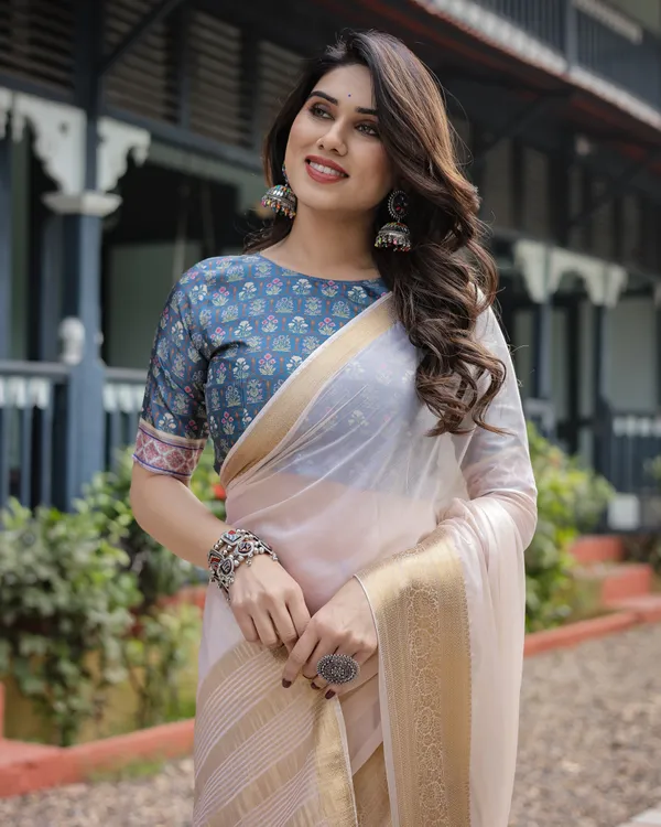 Ivory_White_Plain_Chiffon_Saree_with_Gold_Zari_Border,_Floral_Printed_Blouse_&_Tassel_Detailing