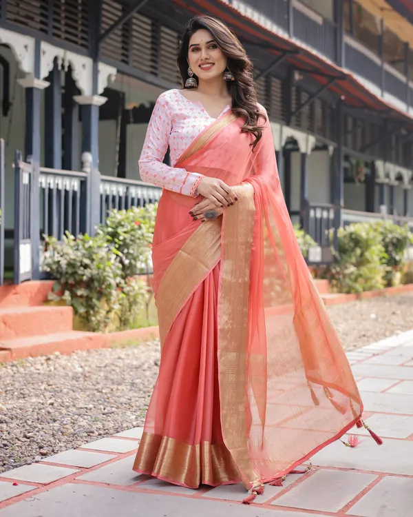 Peach_Pink_Plain_Chiffon_Saree_with_Gold_Zari_Border,_Geometric_Printed_Blouse_&_Tassel_Detailing