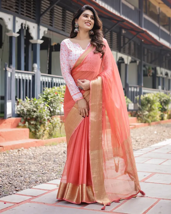 Peach_Pink_Plain_Chiffon_Saree_with_Gold_Zari_Border,_Geometric_Printed_Blouse_&_Tassel_Detailing
