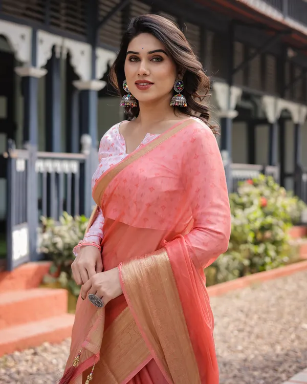 Peach_Pink_Plain_Chiffon_Saree_with_Gold_Zari_Border,_Geometric_Printed_Blouse_&_Tassel_Detailing