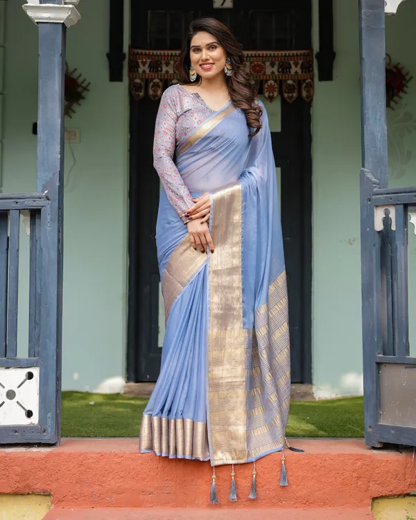 Sky_Blue_Plain_Chiffon_Saree_with_Gold_Zari_Border,_Geometric_Printed_Blouse_&_Tassel_Detailing