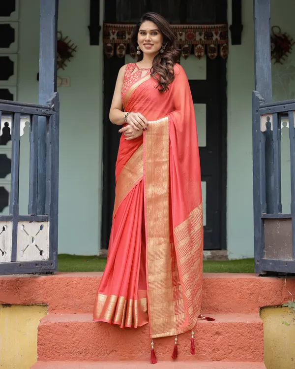 Graceful_Coral_Pink_Plain_Chiffon_Saree_with_Gold_Zari_Border,_Floral_Embroidered_Blouse_&_Tassel_Detailing
