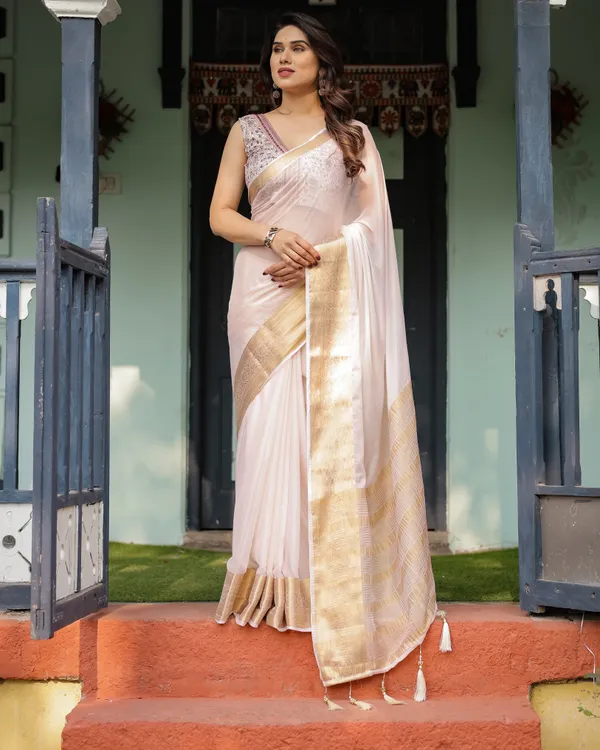 Ethereal_Off-White_Plain_Chiffon_Saree_with_Gold_Zari_Border,_Intricate_Floral_Printed_Blouse_&_Tassel_Detailing