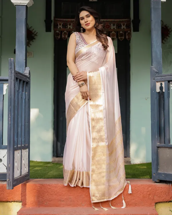 Ethereal_Off-White_Plain_Chiffon_Saree_with_Gold_Zari_Border,_Intricate_Floral_Printed_Blouse_&_Tassel_Detailing